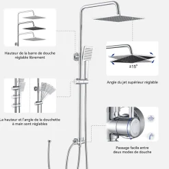 Colonne de douche sans robinetterie avec pommeau + douchette+ flexible + barre réglable, chrome