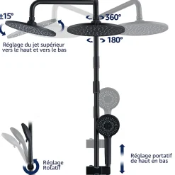 Colonne de Douche sans Robinetterie Effet Pluie avec Douchette 3 Fonctions Noir pour Salle de Bain