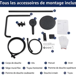 Colonne de Douche sans Robinetterie Effet Pluie avec Douchette 3 Fonctions Noir pour Salle de Bain