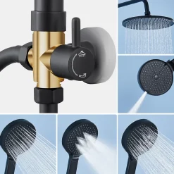 Colonne de douche sans robinetterie avec pommeau + douchette 4 jets + flexible + barre réglable, Noir