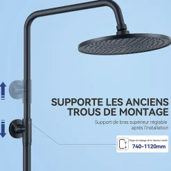 Colonne de douche sans robinetterie avec pommeau + douchette 4 jets + flexible + barre réglable, Noir