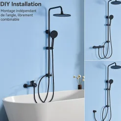 Colonne de douche sans robinetterie avec pommeau + douchette 4 jets + flexible + barre réglable, Noir