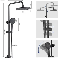 Colonne de douche sans robinetterie avec pommeau + douchette 4 jets + flexible + barre réglable, Noir