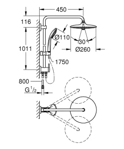 Colonne de douche sans robinetterie avec pommeau + douchette 3 jets + flexible + barre réglable, chrome, Grohe Vitalio Joy System 260