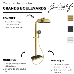 Colonne de douche thermostatique JACOB DELAFON Grands Boulevards avec tablette en verre laiton brossé