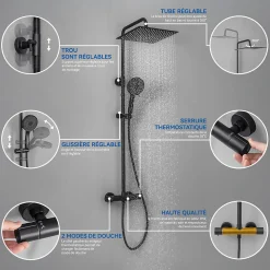 Colonne de Douche Thermostatique 5 Fonctions, SOFETIY MAX Ensemble de Douche Noir, Douche avec Tête de Douche de 12 pouces