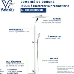 Colonne de douche thermostatique avec pomme de tête, douchette et flexible, chrome, Valentin Inouie