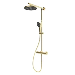 Colonne de douche thermostatique avec pommeau + douchette + flexible + barre réglable, coloris doré, Schulte Rain