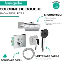 Colonne de douche thermostatique HANSGROHE ShowerSelect E Douche de tête Vernis Shape Flexible Designflex Douchette Pulsify chromé