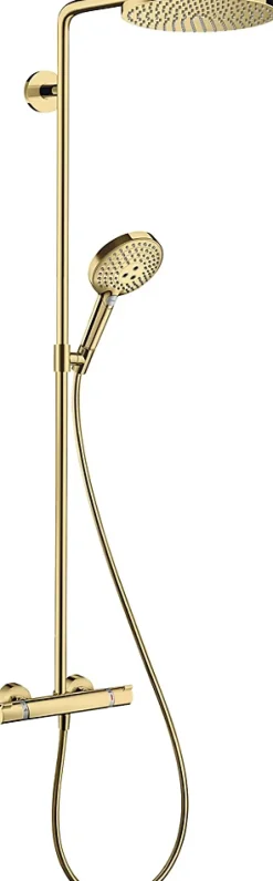 Colonne de douche thermostatique avec pommeau + douchette 1 jet + flexible + barre réglable, doré, Hansgrohe Raindance Select S 240 PowderRain