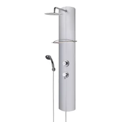 Colonne de douche thermostatique avec tablette, pomme de tête, douchette et flexible, en aluminium anodisé gris, Valentin Totmy