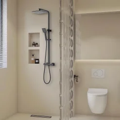 Colonne de douche thermostatique avec pomme de tête, douchette et flexible, noir mat, GoodHome Kozo