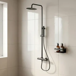 Colonne de douche thermostatique + barre réglable + douchette + flexible, noir mat, GoodHome Owens