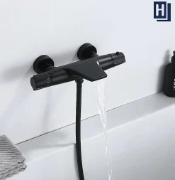 Colonne de Douche Thermostatique Noir Ensemble de Douche Robinet Cascade pour Baignoire Laiton Set de Douche Hauteur Réglable