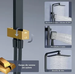 Colonne de Douche Thermostatique Noir Ensemble de Douche Robinet Cascade pour Baignoire Laiton Set de Douche Hauteur Réglable