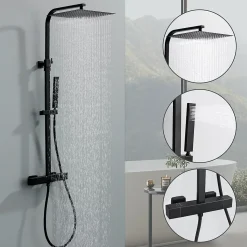 Colonne de Douche Thermostatique Securite 38C Jet Pluie Hauteur Reglable 855 a 1105 mm Acier Inoxydable Noir pour Salle de Bain