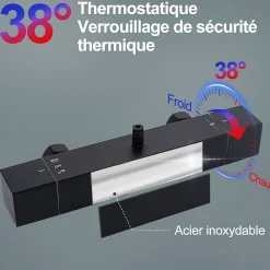 Colonne de Douche Thermostatique Securite 38C Jet Pluie Hauteur Reglable 855 a 1105 mm Acier Inoxydable Noir pour Salle de Bain