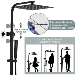 Colonne de Douche Thermostatique Securite 38C Jet Pluie Hauteur Reglable 855 a 1105 mm Acier Inoxydable Noir pour Salle de Bain