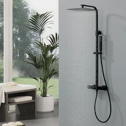 Colonne de Douche Thermostatique Securite 38C Jet Pluie Hauteur Reglable 855 a 1105 mm Acier Inoxydable Noir pour Salle de Bain