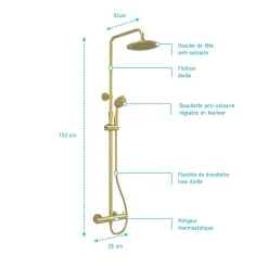 Colonne de douche thermostatique avec pommeau + douchette 2 jets + flexible + barre réglable, doré brossé, Galedo Arty