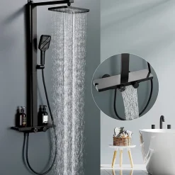 Colonne de Douche Thermostatique Étagère en Verre avec Cascade Douchette 3 Jets Pommeau de Douche Pluie 300 x 200 mm Noire
