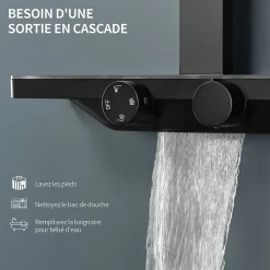 Colonne de Douche Thermostatique Étagère en Verre avec Cascade Douchette 3 Jets Pommeau de Douche Pluie 300 x 200 mm Noire
