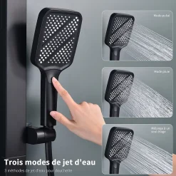 Colonne de Douche Thermostatique Étagère en Verre avec Cascade Douchette 3 Jets Pommeau de Douche Pluie 300 x 200 mm Noire