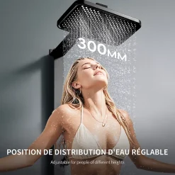 Colonne de Douche Thermostatique Étagère en Verre avec Cascade Douchette 3 Jets Pommeau de Douche Pluie 300 x 200 mm Noire