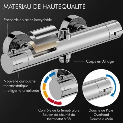 Colonne de Douche Thermostatique Hauteur Reglable 940 a 1200 mm Jet Pluie avec Tablette Finition Chrome pour Salle de Bain