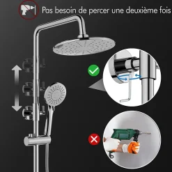 Colonne de Douche Thermostatique Hauteur Reglable 940 a 1200 mm Jet Pluie avec Tablette Finition Chrome pour Salle de Bain
