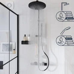 Colonne de douche thermostatique avec pommeau, douchette 2 jets, flexible, barre réglable, noir, GoodHome Levanna