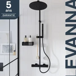 Colonne de douche thermostatique avec pommeau, douchette 2 jets, flexible, barre réglable, noir, GoodHome Levanna