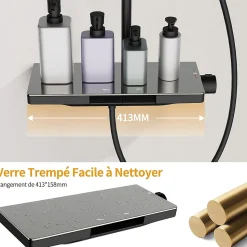 Colonne de Douche Thermostatique 38C avec Plateau de Rangement de 413mm Ensemble de Douche Noir Comprend une Douche de Tête