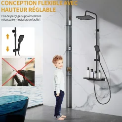 Colonne de Douche Thermostatique 38C avec Plateau de Rangement de 413mm Ensemble de Douche Noir Comprend une Douche de Tête