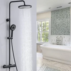Colonne de Douche Thermostatique Securite 38C Jet Pluie Hauteur Reglable 1006 a 1206 mm Acier Inoxydable Noir Pour Salle de Bain