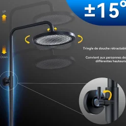 Colonne de Douche Thermostatique Securite 38C Jet Pluie Hauteur Reglable 1006 a 1206 mm Acier Inoxydable Noir Pour Salle de Bain