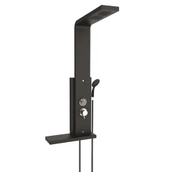 Colonne de douche thermostatique hydromassante avec tablette, pomme de tête, douchette et flexible, en aluminium anodisé noir, Valentin Dune