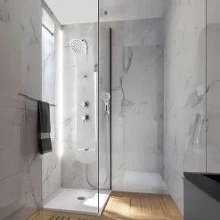 Colonne de douche thermostatique avec tablette, pomme de tête, douchette et flexible, blanc, Valentin Nautilus