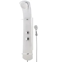 Colonne de douche thermostatique avec tablette, pomme de tête, douchette et flexible, blanc, Valentin Nautilus