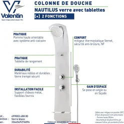Colonne de douche thermostatique avec tablette, pomme de tête, douchette et flexible, blanc, Valentin Nautilus