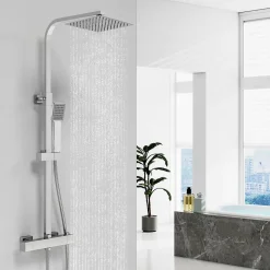 Colonne de douche thermostatique avec pomme de tête, douchette et flexible, Carré, AICA