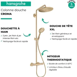 Colonne de douche thermostatique HANSGROHE Croma Select S 280 aspect doré poli + tablette AddStoris