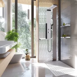 Colonne de douche thermostatique hydromassante avec tablette, pomme de tête, douchette et flexible, en aluminium anodisé gris, Valentin Dune