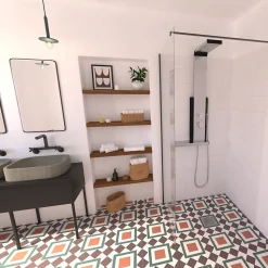 Colonne de douche thermostatique hydromassante avec tablette, pomme de tête, douchette et flexible, en aluminium anodisé gris, Valentin Dune