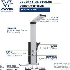 Colonne de douche thermostatique hydromassante avec tablette, pomme de tête, douchette et flexible, en aluminium anodisé gris, Valentin Dune