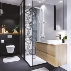 Colonne de douche thermostatique avec pomme de tête, douchette 1 jet et flexible, porte-savon, laiton chromé, Valentin Allure
