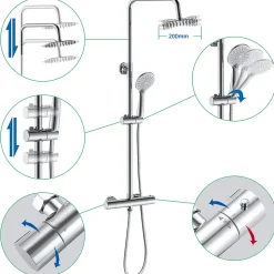 Colonne de douche thermostatique avec pomme de tête, douchette et flexible, effet chromé,rond, AICA