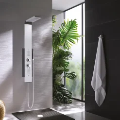 Colonne de douche thermostatique hydromassante multijets avec pomme de tête, douchette 1 jet et flexible, gris alu et noir, Valentin Dune