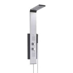Colonne de douche thermostatique hydromassante multijets avec pomme de tête, douchette 1 jet et flexible, gris alu et noir, Valentin Dune