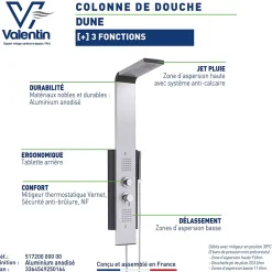Colonne de douche thermostatique hydromassante multijets avec pomme de tête, douchette 1 jet et flexible, gris alu et noir, Valentin Dune